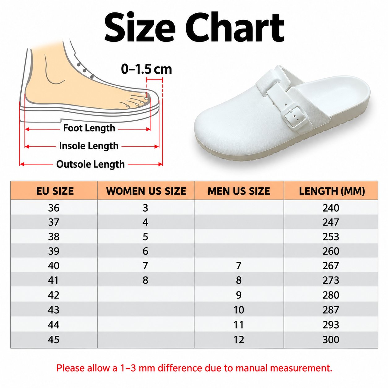 The Grinch Grinchmas Christmas Clogs - size chart (EU / Women US / Men US / length) and how to measure your foot